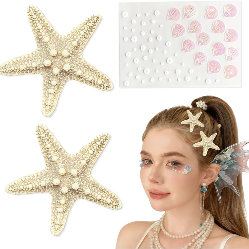 ~Starfish Hair Clips With Shell Pearl Stickers~